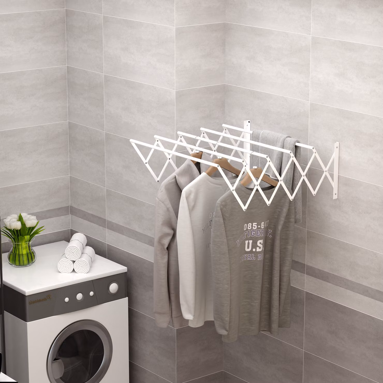 Stendibiancheria a Parete Retrattile HOMCOM in Metallo Pieghevole per Interni ed Esterni, Bianco, L: 63.5 cm, P: 60 cm, H: 20 cm – 2