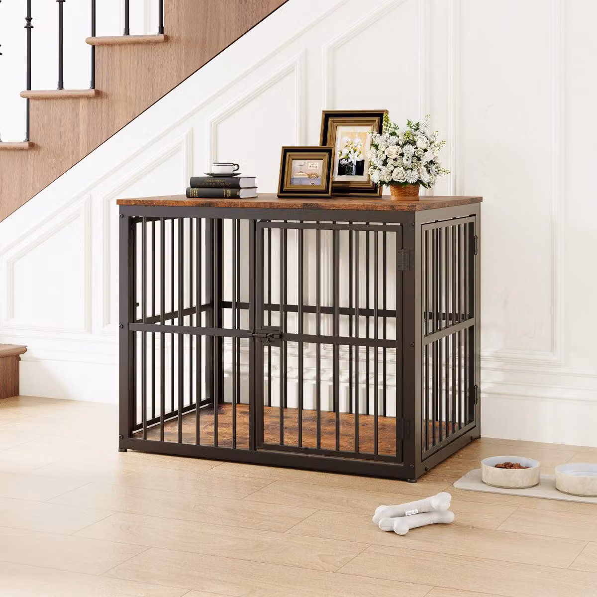 Gabbia per cani di dimensioni 84x56x66 cm, in stile mobile, colore nero e marrone, con 3 porte, e piano resistente all'acqua, utilizzabile anche come mobile TV