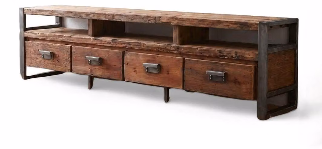 Mobile TV in legno massello, con 4 cassetti e 2 vani, design in legno e metallo