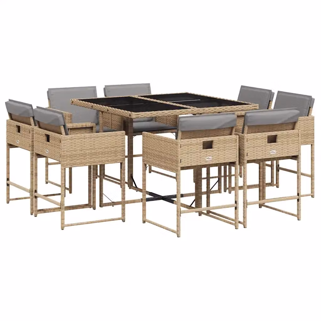 Set Pranzo da Giardino vidaXL 9 pz in Polyrattan con Cuscini Beige e Grigio e Tavolo in Vetro – 2