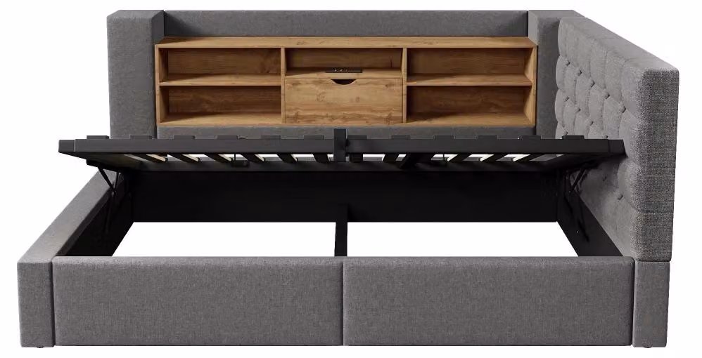 Letto imbottito senza materasso - Letto con illuminazione a LED - Contenitore a sollevamento idraulico - Testiera a forma di L - Rivestimento in lino - Dimensioni: 140 x 190 cm - Colore: grigio