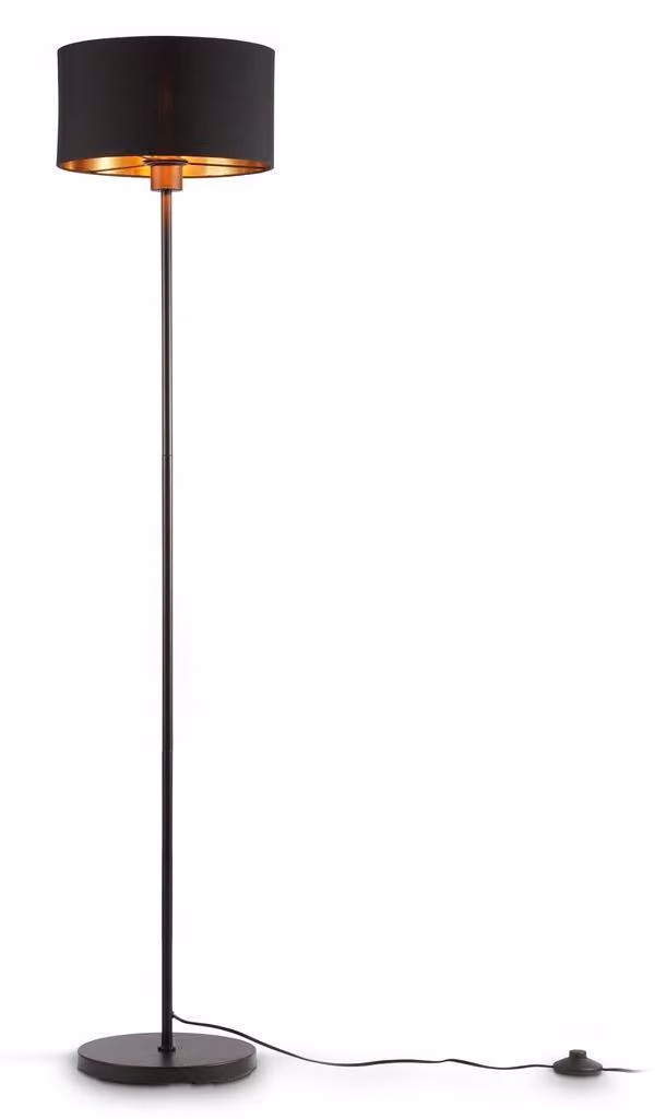 B.K.Licht Lampada da terra in tessuto nero-oro attacco per lampadina E27 non inclusa, piantana con paralume in tessuto Ø30 cm, altezza 1415mm, interruttore a pedale