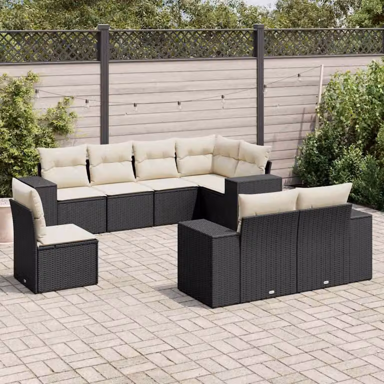 Set di divani da giardino vidaXL a forma di L in polyrattan nero con 8 cuscini imbottiti e coperture rimovibili