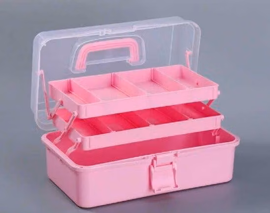 Scatola organizzativa a tre scomparti in plastica per materiale da bricolage, cassetta degli attrezzi portatile e pieghevole con maniglia e scomparti regolabili, scatola organizzativa multifunzionale, adatta per articoli da cucito, materiale artistico e a