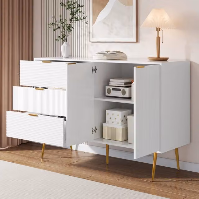 Credenza Soggiorno con Ante, Cassetti e Ripiani ¨C MINIMAL ¨C Legno, Gambe Dorate
