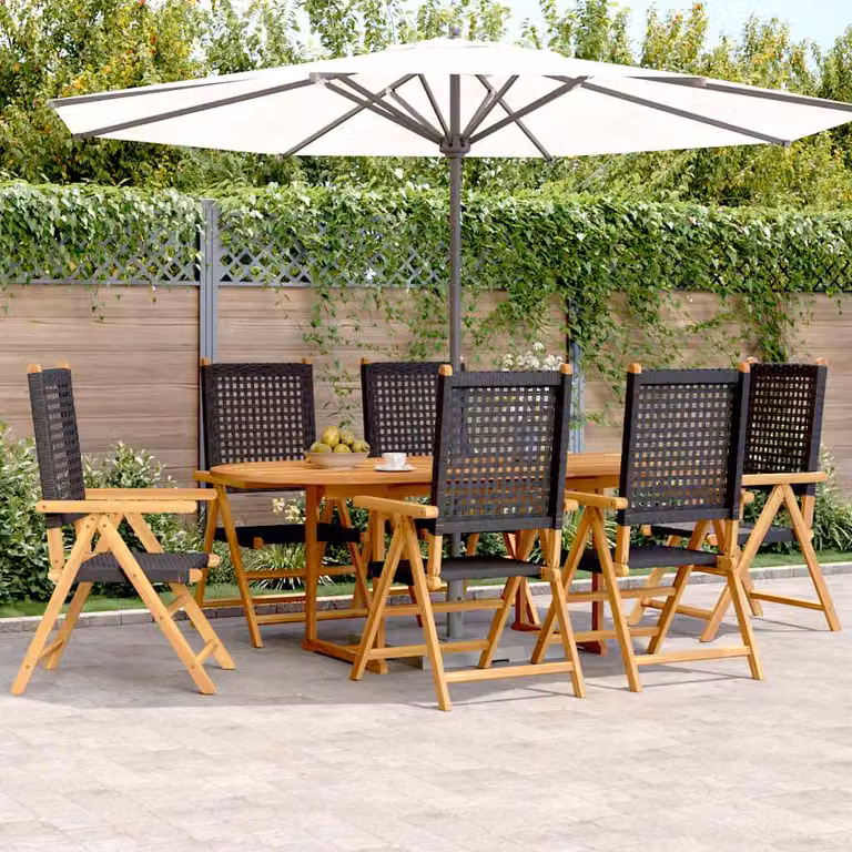 Set da pranzo da giardino vidaXL in 7 pezzi nero in polyrattan e legno di acacia oliato