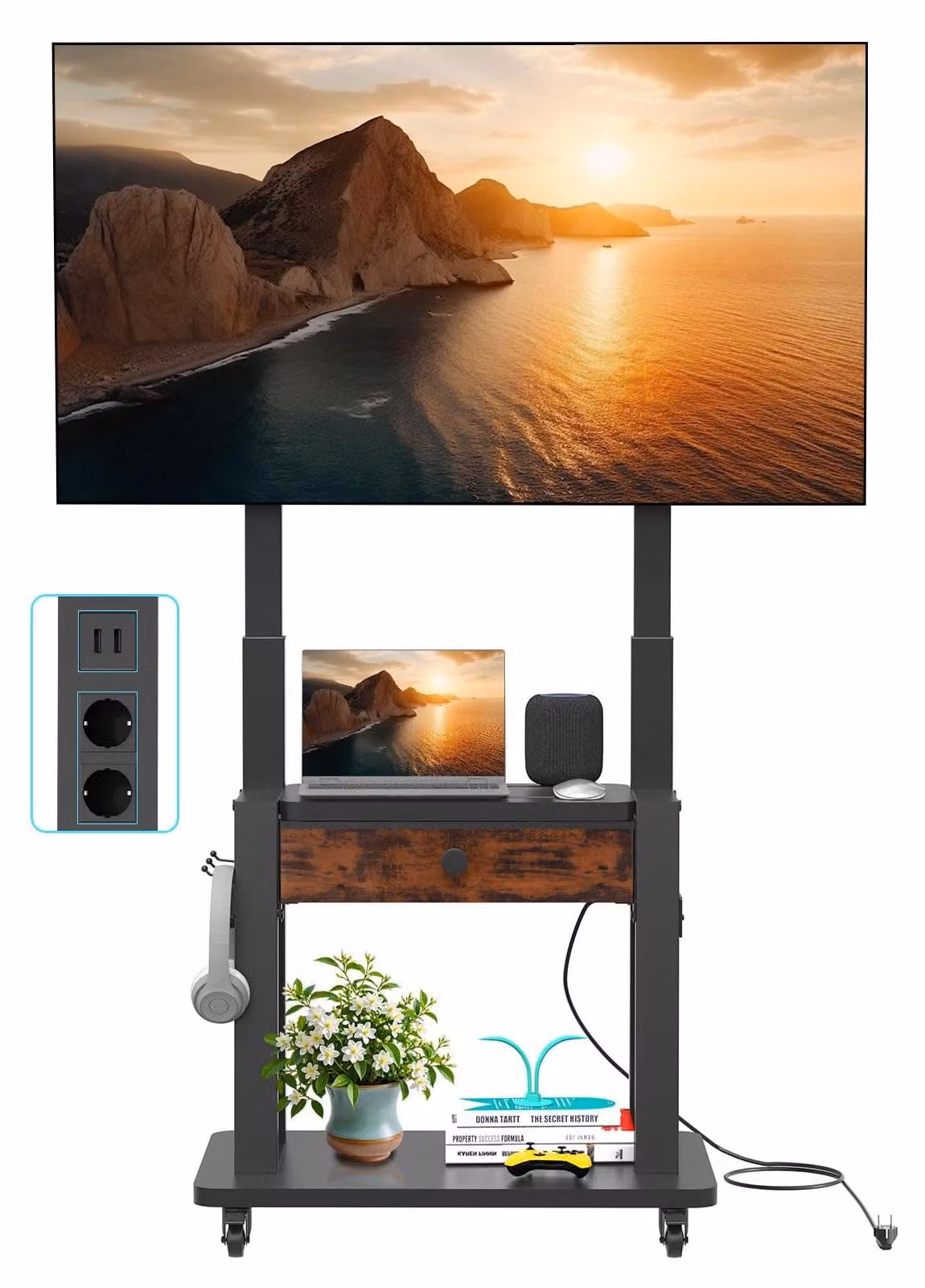 Mobile TV stand, nero, con presa di corrente e porte USB, per televisori da 32-75 pollici