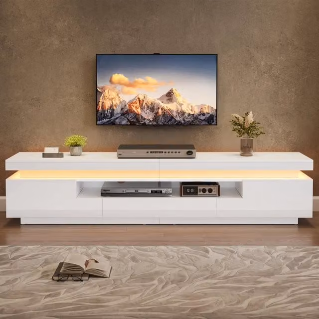 Mobile TV Mivray per soggiorno moderno con illuminazione LED integrata, finitura bianca lucida, 2 armadietti, cassetto e vano semiaperto, L/P/H: 175 x 38 x 45 cm