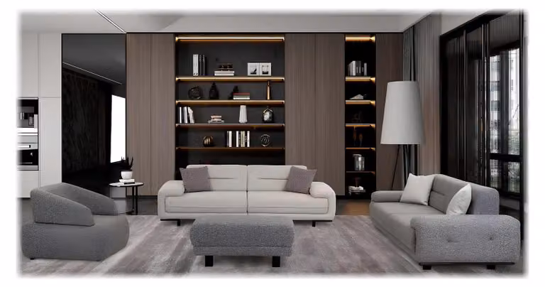Nuovo set divani confortevole: 2 divani a 3 posti, poltrona e pouf, grigio-beige