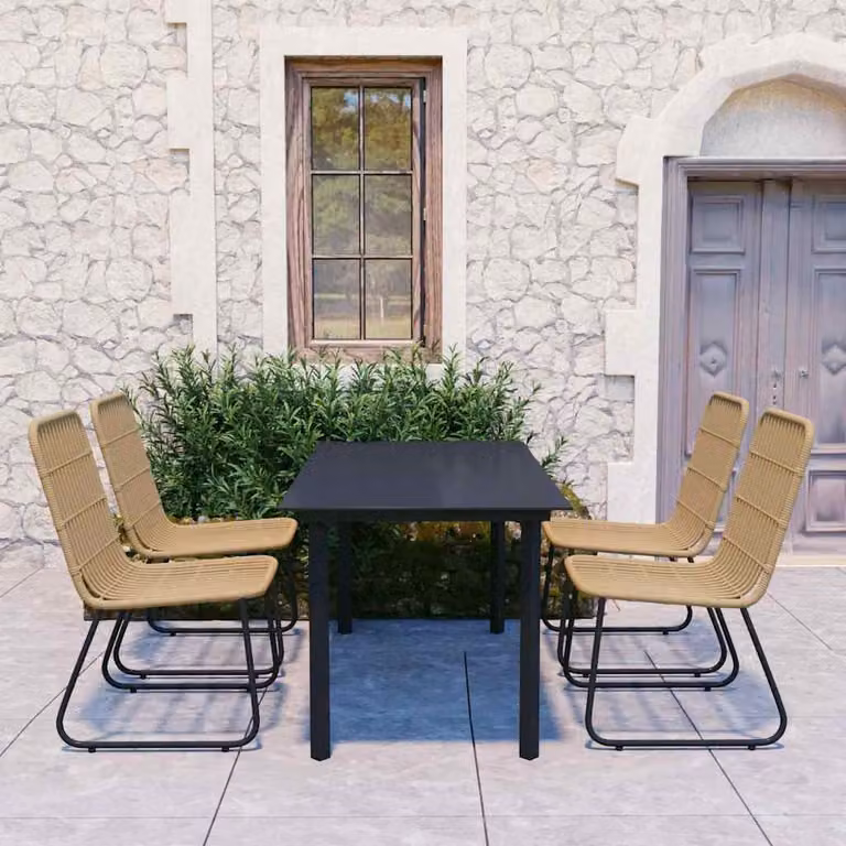 Set da pranzo da giardino vidaXL in 5 pezzi in polyrattan e vetro con cuscini rimovibili, marrone e nero