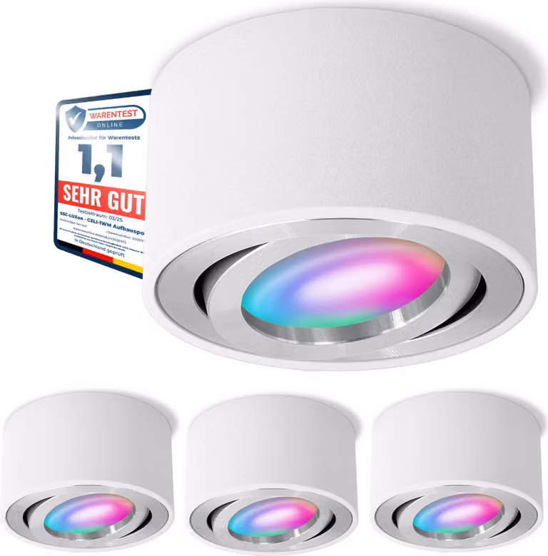 SSC-LUXon set di 4 faretti da superficie CELI-1WM bianco piatto orientabili con WiFi LED RGB+ Smart - faretti da soffitto compatibili con Alexa, Siri e Google