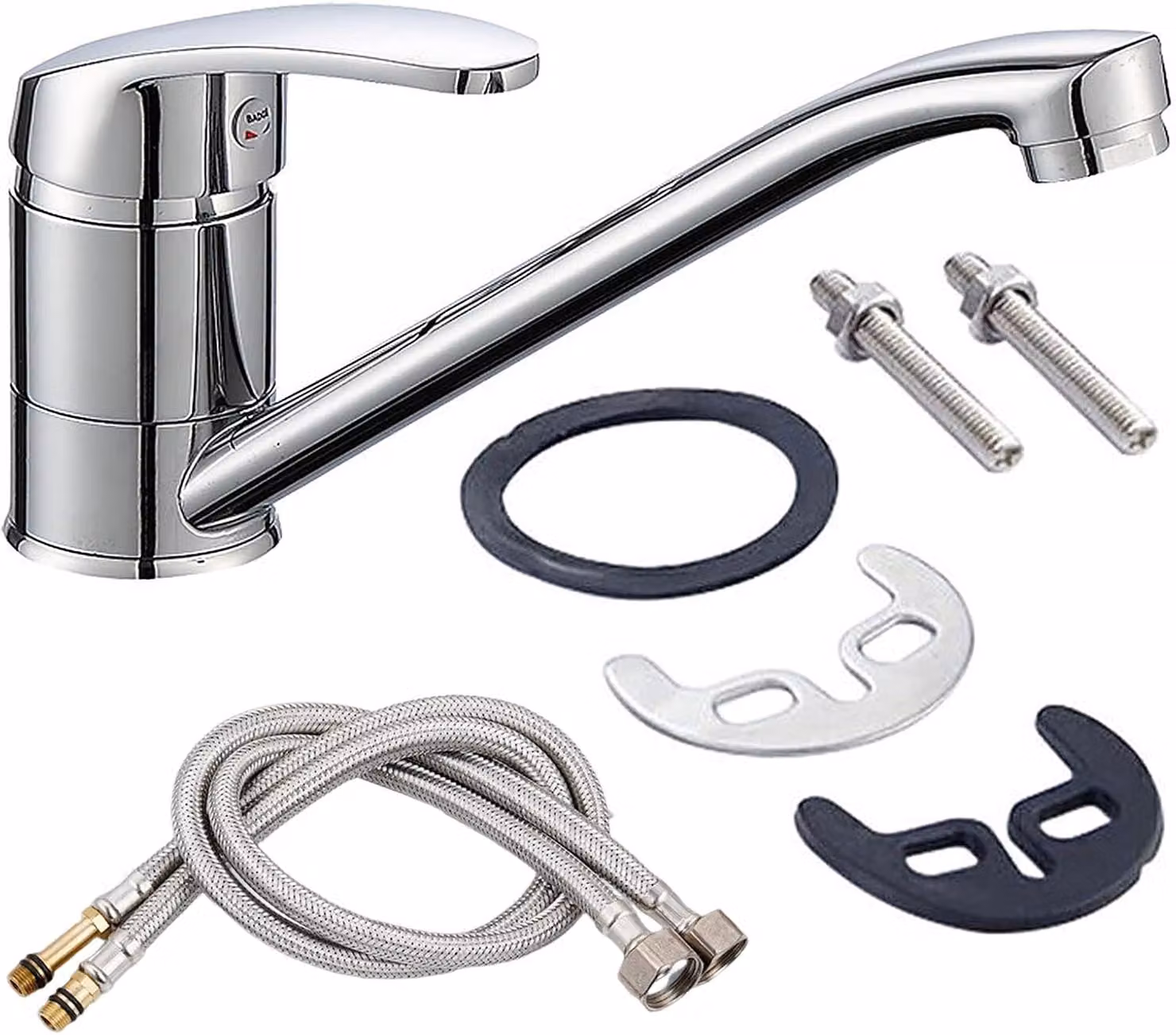 Miscelatore da cucina cromato, con bocchetta girevole a 360°, completo di 2 tubi di collegamento da 60 cm, per uso in cucina