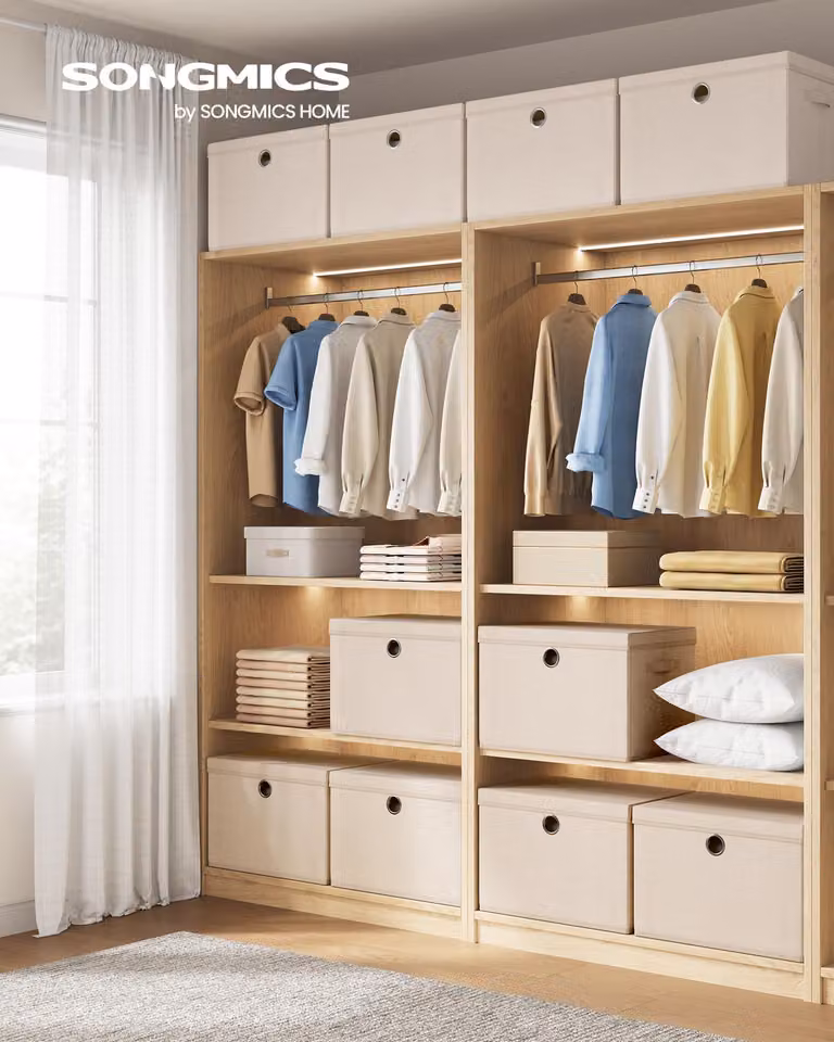Set di 3 contenitori SONGMICS, contenitori organizer, impilabili con manici, 43 x 30 x 30 cm, color sabbia