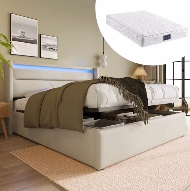 Letto contenitore imbottito 160x200 cm con LED bianco