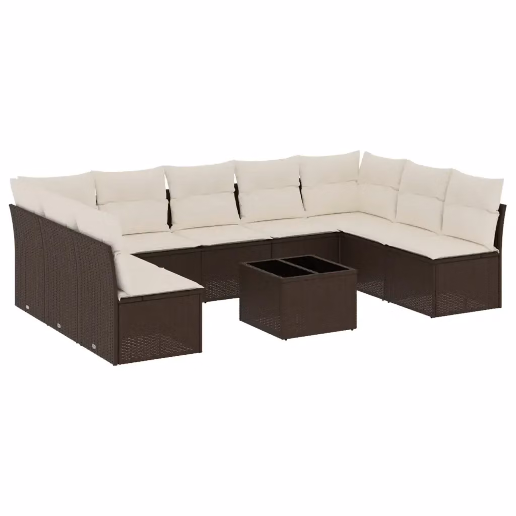 Set di Divani da Giardino vidaXL a Forma di L con Cuscini e Tavolino, Marrone e Bianco – 2