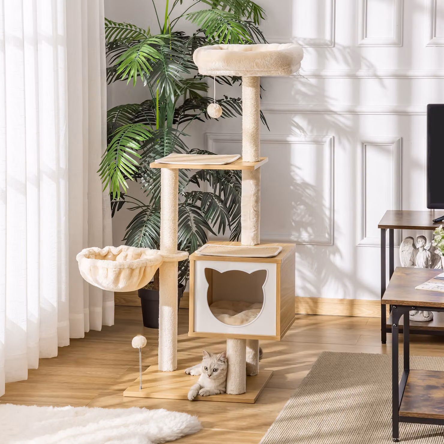 Tiragraffi per Gatti PawHut con Casetta, Amaca e Giocattoli, in Legno e Sisal, Beige, L 48 cm x P 40 cm x H 126 cm – 2