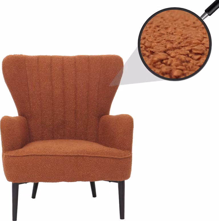 Poltrona relax HWC-K37, poltrona da cocktail/poltrona a orecchie, sedia imbottita in stile retrò vintage, rivestita in tessuto bouclé (600 g/m²), colore terracotta