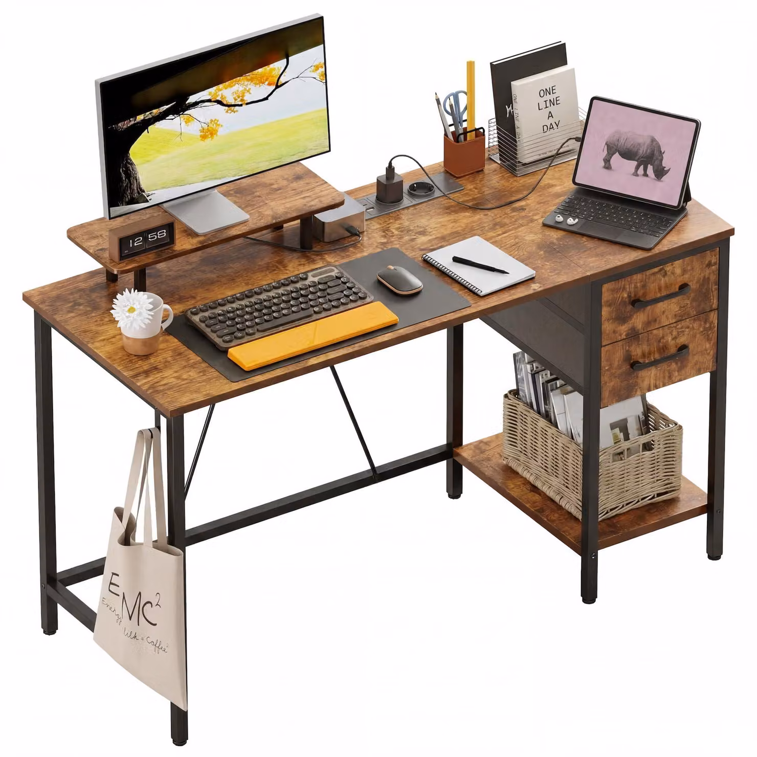 Tavolo da computer con prese e cassetti - 120 x 50 cm - Legno laminato marrone