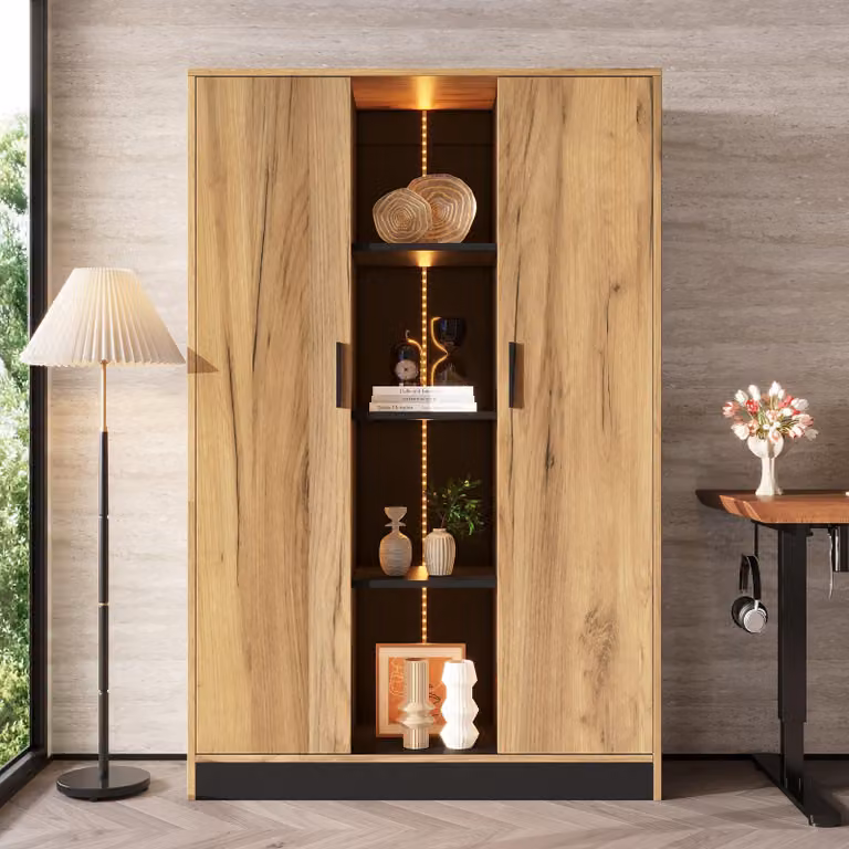 Armadio alto Fly con illuminazione a LED, ante, scaffali, mobiletto per documenti, dimensioni 95x35x160 cm, mobili da cucina adatti per ufficio, soggiorno o ingresso, colore nero e noce
