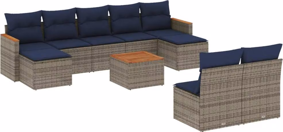 Set Divani da Giardino 10 pz con Cuscini Grigio in Polyrattan