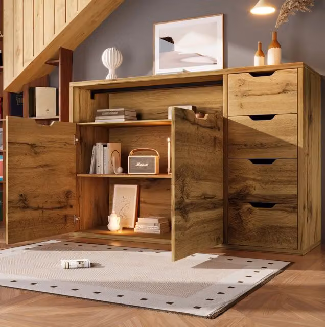 Credenza 150 x 40 x 90 cm in MDF e metallo; 4 cassetti; 2 ante; vano aperto; ripiani regolabili; rovere