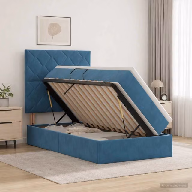 Letto con contenitore e materasso vidaXL in velluto blu con illuminazione LED e porta USB L/P/H: 100 x 200 x 128 cm
