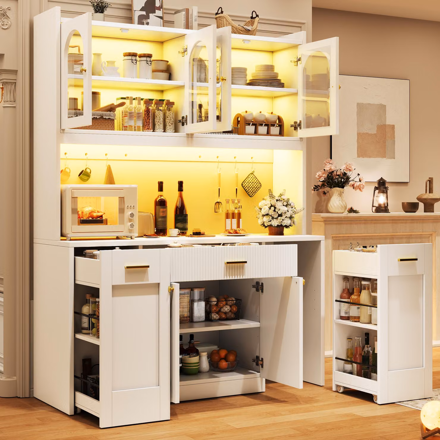 Mobiletto da cucina di alta qualità con illuminazione RGB a LED e controllo tramite app, mobiletto da cucina con 3 vetrine e cassetti, armadietto contenitore con ripiani scorrevoli su entrambi i lati