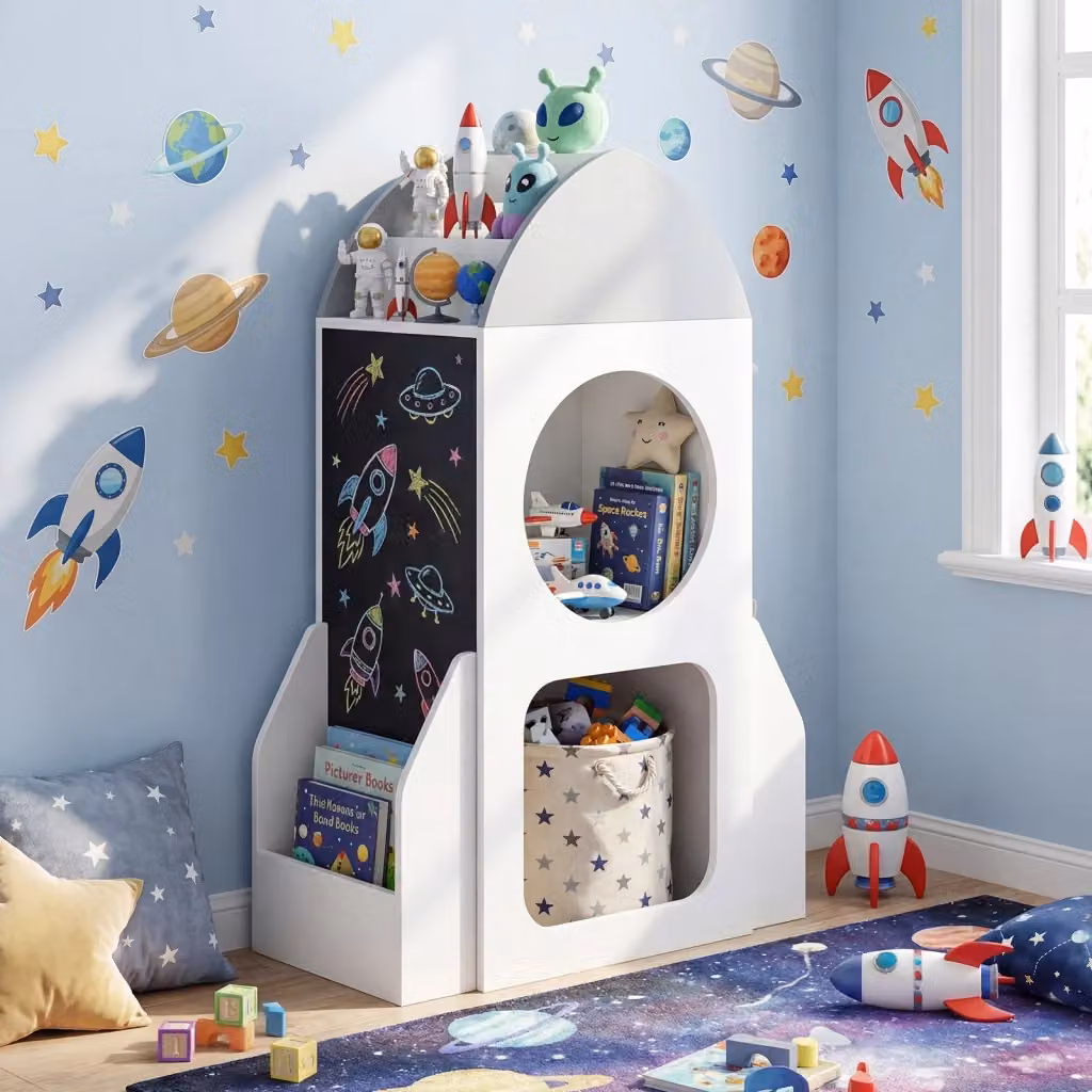 Libreria per bambini DESIGN IN a 3 livelli con tema razzo spaziale e lavagna, struttura in legno e MDF bianca con 2 cubi e ripiano aperto per cameretta o asilo, H 94 cm x L 60 cm x P 31 cm – 2