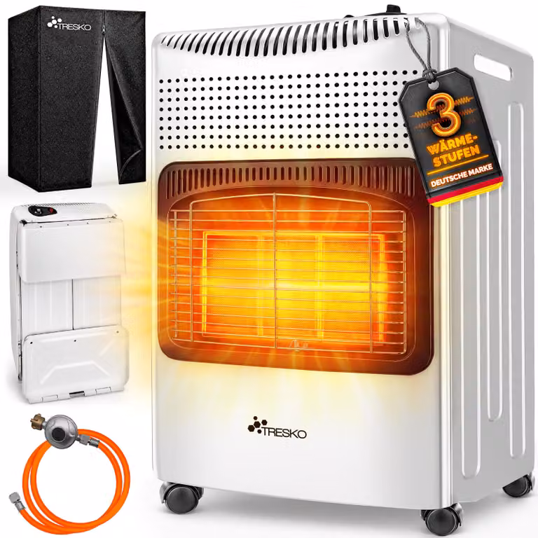 TRESKO® 4200 Watt riscaldatore a gas bianco incl. regolatore di pressione del gas tubo flessibile del gas + copertura | stufa a gas riscaldatore a gas in Vetroceramica con 3 livelli | riscaldatore a gas a infrarossi riscaldatore radiante per bombole di ga