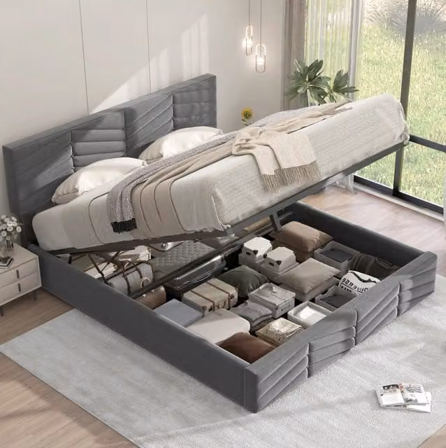 Letto matrimoniale con contenitore idraulico 140 x 190 cm in velluto grigio