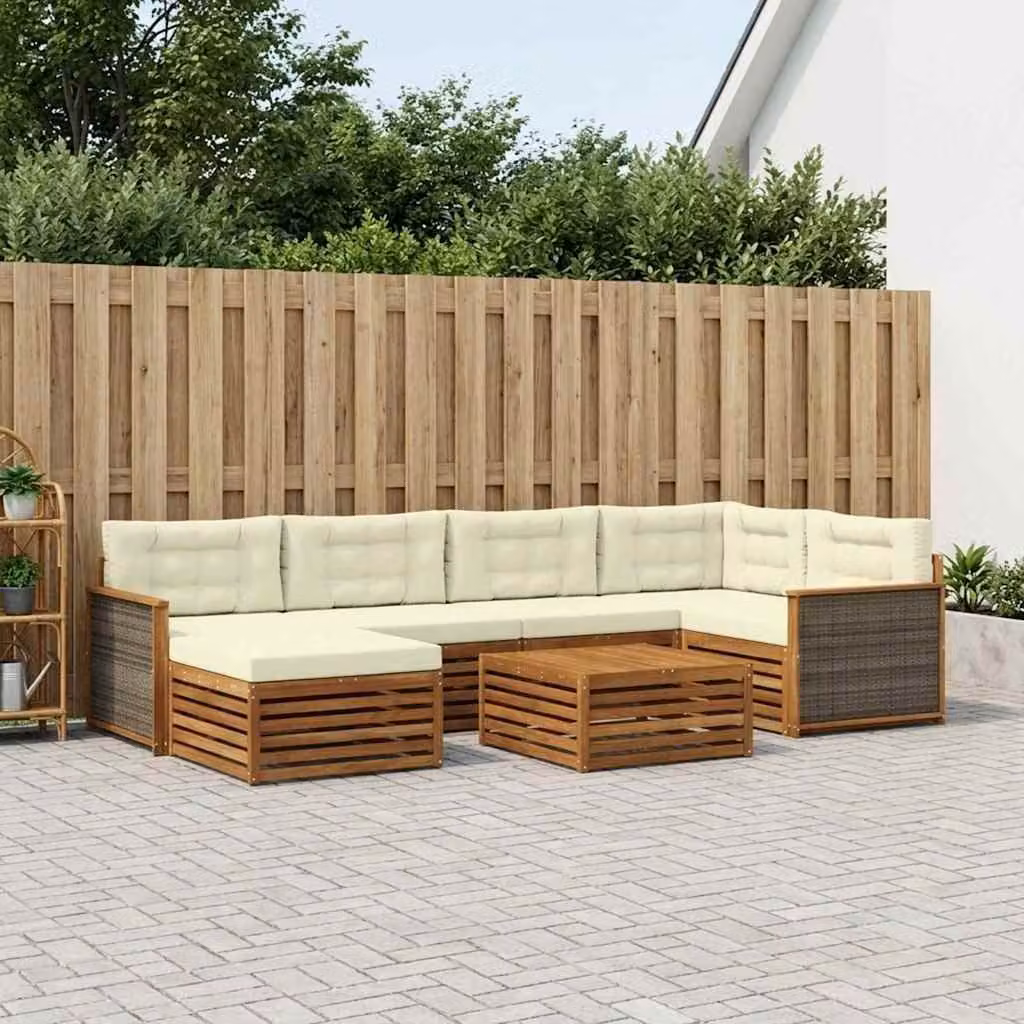 Set di divani da esterno vidaXL 7 pz in legno di acacia con pouf e tavolino, colore beige e marrone
