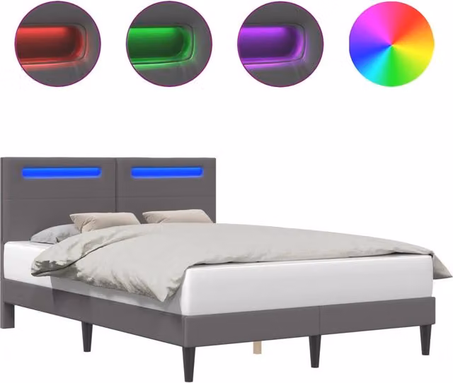 Letto matrimoniale moderno in similpelle grigio con illuminazione integrata e porta di ricarica USB L/P/H: 160 x 200 x 96 cm