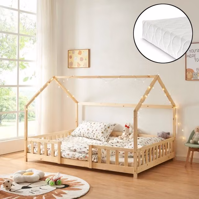 Letto per Cameretta Sisimiut a Forma di Casetta con Materasso 120x200 cm Color Legno Naturale [en.casa] [neu.haus]