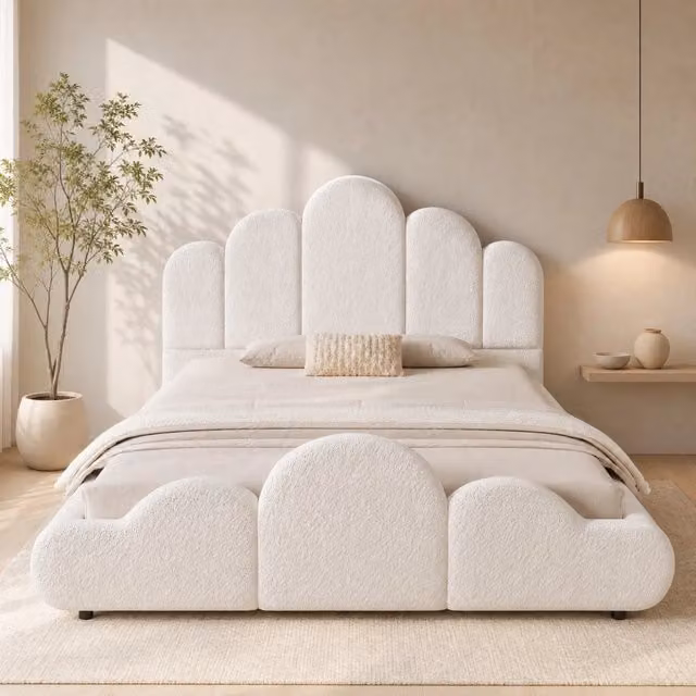 Letto per bambini 140x200 cm imbottito in tessuto boucl¨¦ beige con rete a doghe