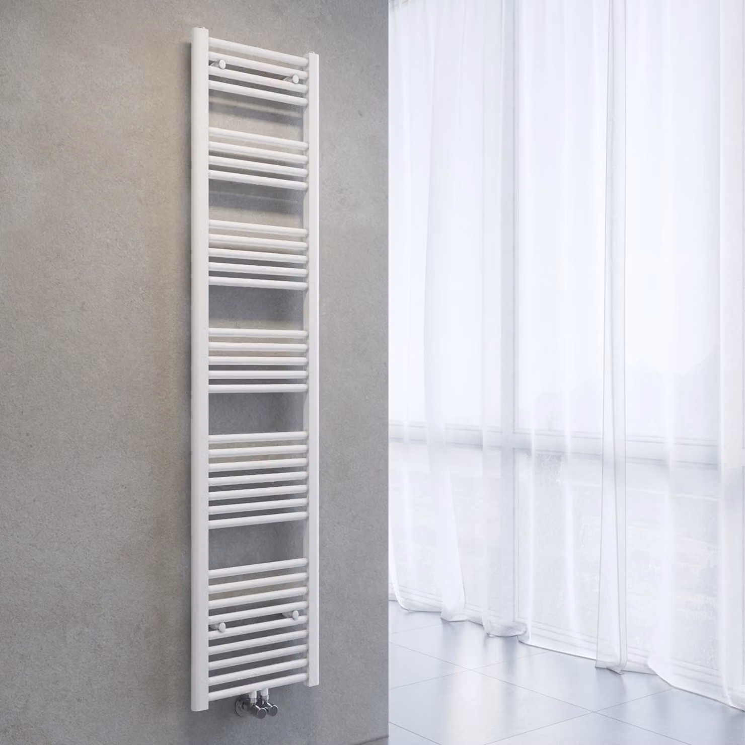Radiatore asciuga-asciugamani SONNI, dimensioni 1800 x 400 mm, colore bianco, sistema di riscaldamento ad acqua calda, senza resistenza elettrica