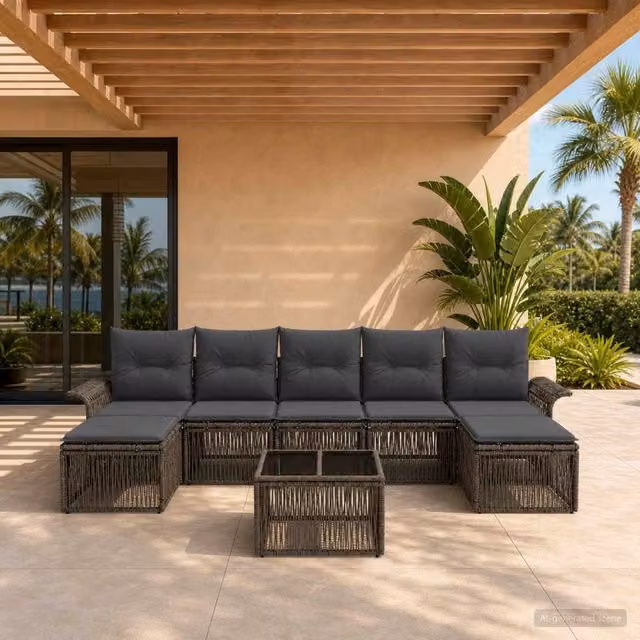 Set da giardino moderno vidaXL composto da 8 pezzi in rattan grigio con cuscini inclusi e struttura in acciaio rivestito