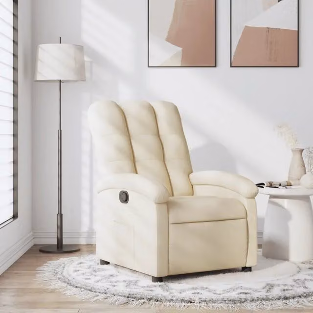 Poltrona Reclinabile Relax in Tessuto Beige con Braccioli e Struttura in Legno e Metallo
