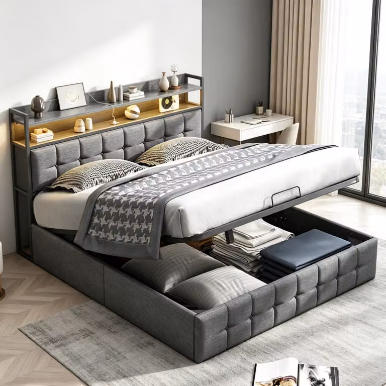 INONEFT Letto matrimoniale 140 x 190 cm, con sistema di sollevamento idraulico, contenitore integrato e rete a doghe, testiera con illuminazione LED e stazione di ricarica USB, tessuto in lino, colore grigio