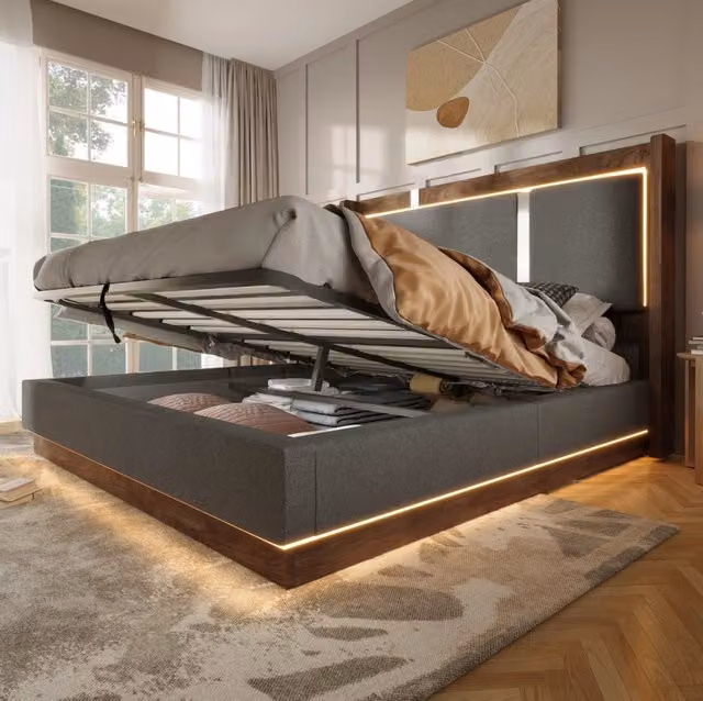 Letto matrimoniale 180x200 cm in lino grigio e noce, LED e contenitore –