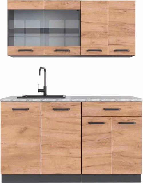 Cucina monoblocco R-Line Rovere dorato/Antracite 140 cm, PL Marmo Vicco
