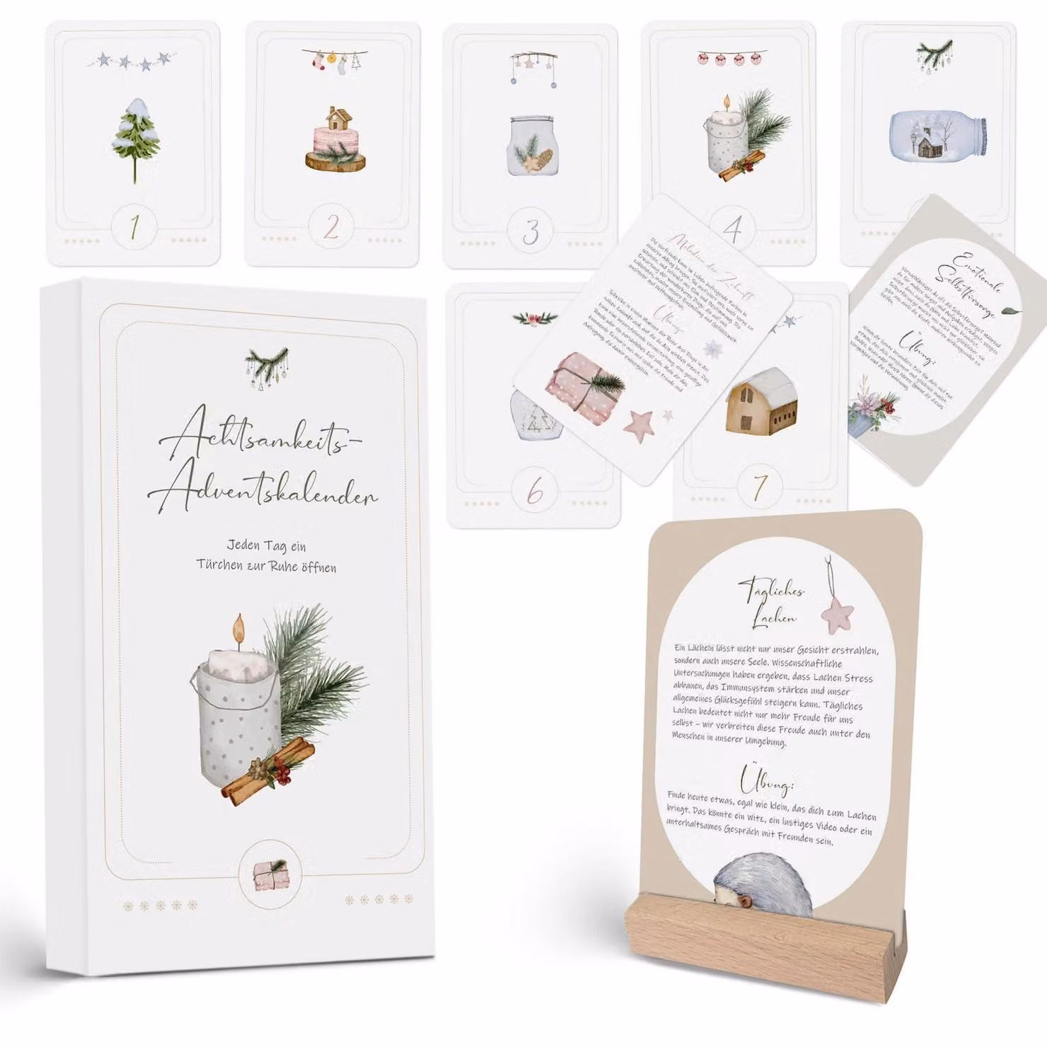 Calendario dell'Avvento per la mindfulness 2026: 24 cartoline illustrate a acquerello con esercizi e affermazioni, inclusa base in legno, graffette e corda di iuta