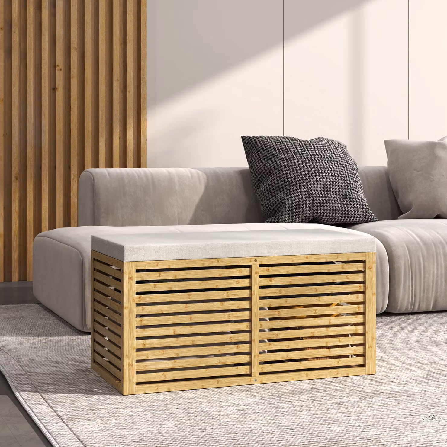 Panca contenitore imbottita HOMCOM in tessuto effetto lino e bambù, grigio e naturale – 2