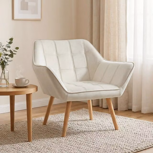 Poltrona Design Scandinava in Legno ed Effetto Velluto Crema, per Soggiorno o Ufficio, 67x61.5x71cm