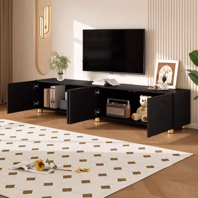 Mobile porta TV OKWISH per soggiorno con 4 ante e rilievo ad arco, nero, L: 180 cm, P: 35 cm, H: 40 cm