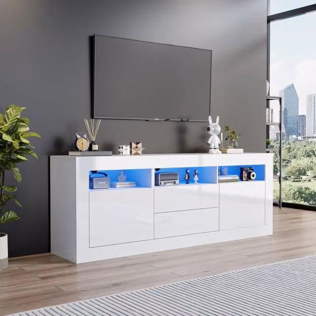 Mobile TV 160x35x60 cm lucido con LED, 3 ripiani aperti, 2 ante, 2 cassetti, controllo app smart, per TV fino a 70 pollici