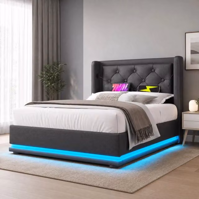 Letto contenitore REDOM in ecopelle nera con porta USB Type-C e illuminazione LED, L/P: 90 x 200 cm