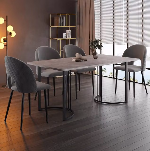 Set da pranzo moderno con tavolo 140x80 cm in MDF grigio e 4 sedie in velluto grigio con motivo a diamante