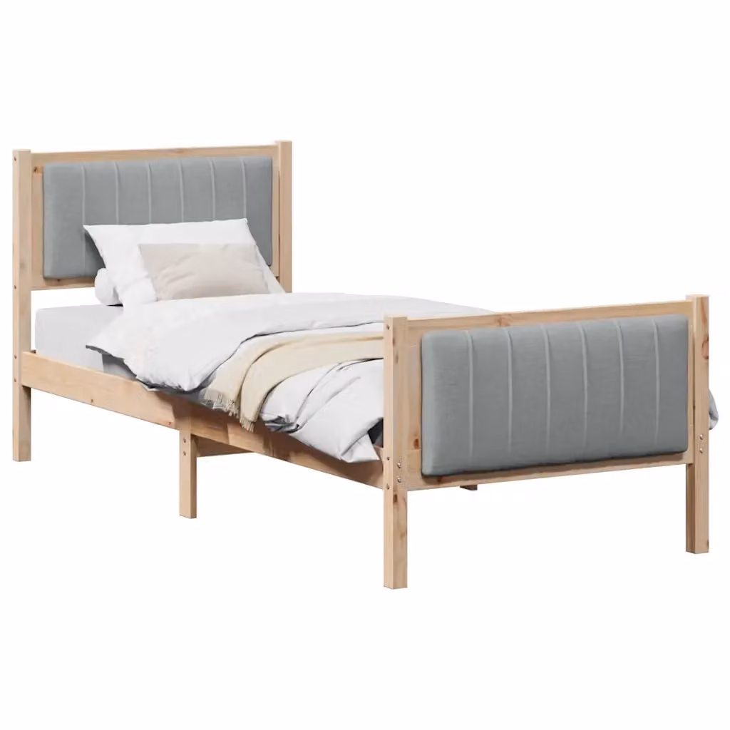 Struttura del letto con giroletto in legno di pino e tessuto, design moderno, marrone e grigio chiaro, L: 75 cm, P: 190 cm, H: 85.5 cm – 2
