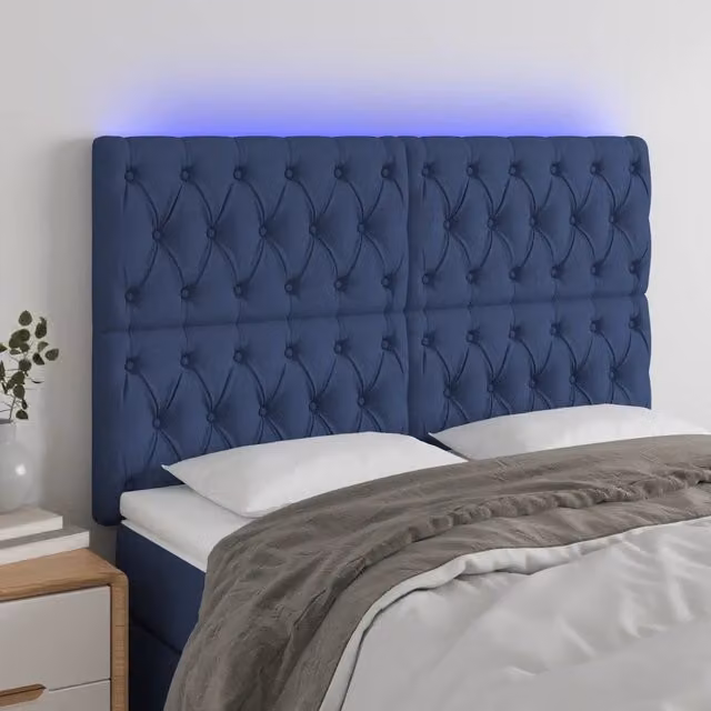 Testiera con LED e porta USB vidaXL in tessuto blu con struttura in legno, L: 144 cm, P: 7 cm, H: 118-128 cm – 1
