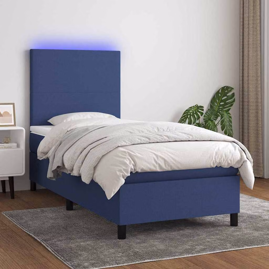 Letto Ibrido con Materasso a Molle a Tasche vidaXL, Colore Blu e Bianco, con Illuminazione LED Sotto il Letto e Porta USB, L/P: 100 x 200 cm